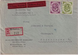 BRD - 90+40 Pfg. Posthorn Eilboten-Einschreibebrief N. DÄNEMARK Hamburg 1953 - Brieven