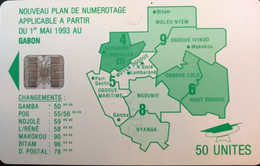 GABON  -  Phonecard  -  Nouveau Plan De Numérotage  -  SC 7  -  50 UNITES  -  Red Control Number - Gabon