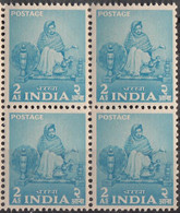 ,INDIA 1955 Five Year Plan (2nd Definitive Serie 2 As.,Lady On Charkha, 1v.Block Of 4,  MNH(**) - Neufs