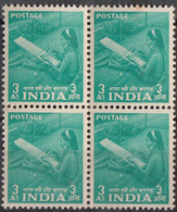 INDIA 1955 Five Year Plan (2nd Definitive Serie 3 As.Naga Woman On Handloom, 1v, Block Of 4, MNH(**) - Neufs