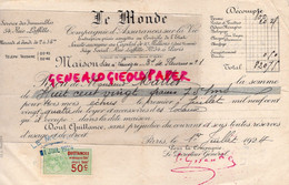 87- LIMOGES- PARIS- RECU ASSURANCES LE MONDE -1 BD FLEURUS- M. MALLET PHARMACIEN PHARMACIE- 1924 - Banco & Caja De Ahorros