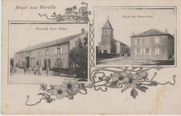 (57) Gruss Aus MORVILLE . Double Vues :1/ Wirtshaft Victor NICLAUS   - 2/ Kirche Und Gemeindehaus - Autres & Non Classés