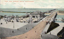 SOUTHPORT PIER AND MARINE DRIVE OLD COLOUR POSTCARD LANCASHIRE - Southport