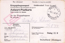 From Serbia Belgrade 19.11.1942 To Dimitrije Lukovic (Hauptvertrauensmann) Stalag IX B WWII POW Censure Geprüft - Briefe U. Dokumente
