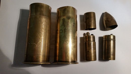 MILITARIA   Art  De  Tranchée  LOT 1914-18 / LOT  DE 2  DOUILLES   DECOREES 37mm + 2  Briquets - Decorative Weapons