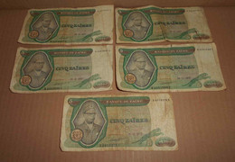 Lot De 5 Anciens Billets De Banque 1977 Zaire (ex Congo Belge) 5 Zaires Circulés Mobutu BankNote Paper Money - Demokratische Republik Kongo & Zaire