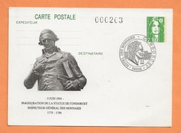 CP ENTIER POSTAL REPIQUAGE N° 263 STATUE DE CONDORCET PARIS HOTEL DES MONNAIES 3/6/1991 - BRIAT N° 2622 - Overprinter Postcards (before 1995)