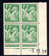 YT-N°: 432 - IRIS, Coin Daté Du 09.11.1939, Galvano E De E+E, 1er Tirage, NSC/**/MNH - 1930-1939