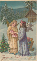 Belle Carte "Joyeux Noel " Avec 2 Anges Illustrée Par Moilick - Jouets Anciens  Paysage Enneigé- Dorures - Angels