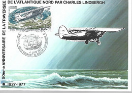 Carte 1er Jour Traversée De L'atlantique Nord Le Spirit Of Saint Louis à Le Bourget Du 04.06.1977  YT N° PA50 - 1970-1979