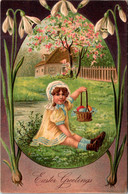 Easter Greetings With Young Girl Holding Basket Of Eggs - Ostern