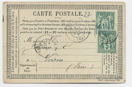 FRANCE SAGE 10C VERT +5C CARTE PRECURSEUR TYPE 17 ROANNE 1877 (84) LOIRE  POUR ISERE - 1849-1876: Klassik