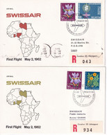 1962 - SUISSE / SWISSAIR - 2 ENVELOPPES RECOMMANDEES De GENEVE AEROPORT ! => GHANA / LAGOS - First Flight Covers