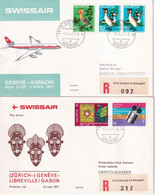 1971 - SUISSE / SWISSAIR - 2 ENVELOPPES RECOMMANDEES De GENEVE AEROPORT ! => GABON / PAKISTAN - First Flight Covers