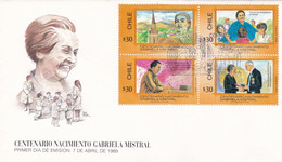 CENTENARIO NACIMIENTO GABRIELA MISTRAL, POÈTE CHILIENNE CHILEAN POET. CHILE 1989 FDC ENVELOPPE - LILHU - Schriftsteller