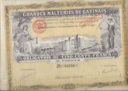GRANDES MALTERIES DU GATINAIS- OBLIGATION  ILLUSTREE DE 500 FRS -ANNEE 1921 - Agriculture