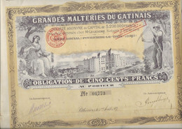 GRANDES MALTERIES DU GATINAIS- OBLIGATION  ILLUSTREE DE 500 FRS -ANNEE 1921 - Landbouw