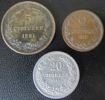 Bulgarie / Bulgaria - 3 Monnaies : 5 Stotinki 1881, 2 Stotinki 1912, 20 Stotinki 1913 - Bulgarie