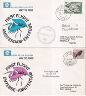 1969 - KLM / NEDERLAND - 2 ENVELOPPES ALLER ET RETOUR 1° VOL AMSTERDAM => UGANDA - Poste Aérienne