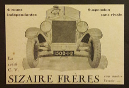 Publicité Papier 1934 Voiture La  12 / 15 C.V. 4 Roues Indépendantes Suspension Sans Rivale SIZAIRE Frère 9 X 13 Cm - Andere