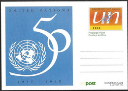 Eire Ireland Postal Stationery Postage Paid Exhibition Card 1995 UN United Nations Loggo Globe Peace Equal Rights - Postwaardestukken