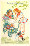 Fillettes Jouant à La Poupée Au Chariot Fleuri Et Petit Chien Illustration De Willy SCHERMELE - Schermele, Willy