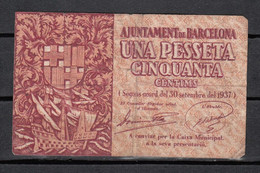 BILLETE DEL AYUNTAMIENTO DE BARCELONA DE 1 PESETA CON 50 CENTIMOS DE 1937 - Sonstige & Ohne Zuordnung