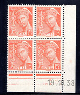 YT-N°: 408 - MERCURE R.F., Coin Daté Du 19.10.1938, Galvano B De A+B, 1er Tirage, NSC/**/MNH - 1930-1939