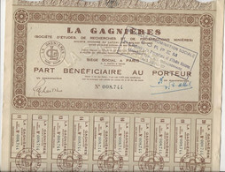 LA GAGNIERES -SOCIETE D'ETUDES DE RECHERCHES ET DE PROSPECTION MINIERE - 1957 -LOT DE 3 PARTS BENEFICIAIRE - Miniere