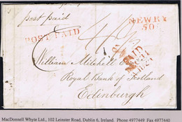 Ireland Down Additional Halfpenny 1826 Letter To Edinburgh With Newry POST PAID In Red, NEWRY/50 Mileage Mark - Préphilatélie