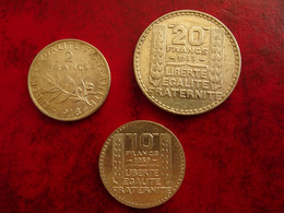 3 Pièces - 20 F 1933     2F 1918     10F 1939      Argent - L. 20 Francs