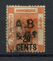 CHINA HONG KONG - 1885 20c On 30c Orange-red.  TIE-PRINT ' AB / & Co" Of Adamson Bell & Co. - Gebruikt