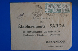 L26 INDO CHINE BELLE LETTRE DEVANT 1928 HANOI POUR BESANCON + BANDE DE 3 T.P+ AFFRANCHISSEMENT PLAISANT - Lettres & Documents