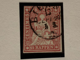 Suisse Timbre 1858 No 24b TTB Helvetia Assise 15 Rappen Rose Rouge Signé Tampon Au Dos - Used Stamps