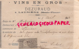 87- LAURIERE - RARE RECU DEZURAUD- MARCHAND VINS- DESBRUGERES A BAGNOL-1902 - Lebensmittel