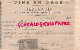 87- LAURIERE - RARE RECU DEZURAUD- MARCHAND VINS- DESBRUGERES A BAGNOL-1902 - Food