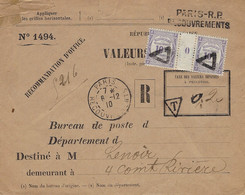 1910-env. P T T N°1494 Valeurs Recouvrées  10c X 2 Avec Millésime 0   De PARIS / RECOUVREMENTS - 1877-1920: Semi-moderne Periode