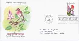 USA United States 1982 FDC New Hampshire, Purple Finch And Lilac, State Bird Birds Flower, Canceled In Washington - 1981-1990