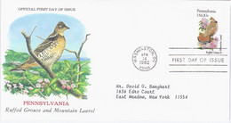 USA United States 1982 FDC Pennsylvania, Ruffed Grouse And Mountain Laurel, State Bird Flower, Canceled In Washington - 1981-1990