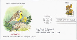 USA United States 1982 FDC Oregon, Western Meadowlark And Grape, State Bird Birds Flower Flowers, Canceled In Washington - 1981-1990