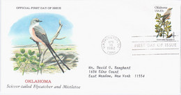 USA United States 1982 FDC Oklahoma, Scissor-tailed Flycatcher And Mistletoe, State Bird Flower, Canceled In Washington - 1981-1990