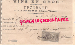 87- LAURIERE - RARE RECU DEZURAUD- MARCHAND VINS- DESBRUGERES A BAGNOL- 1899 - Alimentaire