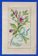 CPA FANTAISIE - Carte Brodée - AMITIE, Avec Bouquet De Fleurs Roses - Brodées