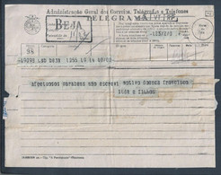 Telegrama Com Marca De Beja E Obliteração Dos 'Telegrafos Lisboa 1940'. Telegram With Beja's Stamp And Obliteration Of ' - Cartas & Documentos