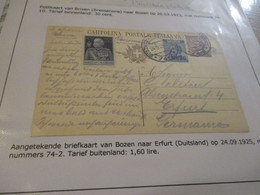 Collection Spécialisée Autriche Italie Entier Bozen/Erfurt 1925 Numéro 74-2 - Storia Postale