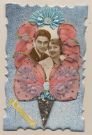Carte Fantaisie Argentée - Cornet Métal Découpie Fleurs Soie Points Argent Photo Glacée Couple Ste Catherine - Bestickt