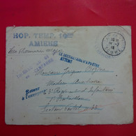 LETTRE CACHET HOPITAL TEMPORAIRE AMIENS RETOUR A L ENVOYEUR CORRESPONDACE MILITAIRE - Covers & Documents