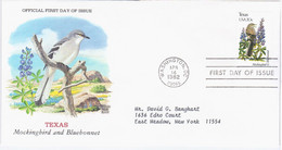USA United States 1982 FDC Texas, Mockingbird And Bluebonnet, State Bird Birds & Flower Flowers, Canceled In Washington - 1981-1990