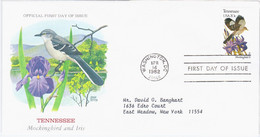 USA United States 1982 FDC Tennessee, Mockingbird And Iris, State Bird Birds & Flower Flowers, Canceled In Washington - 1981-1990