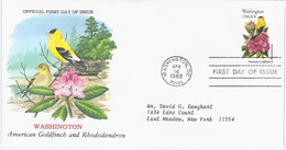USA United States 1982 FDC Washington, American Goldfinch And Rhododendron, State Bird Birds Flower Flowers - 1981-1990